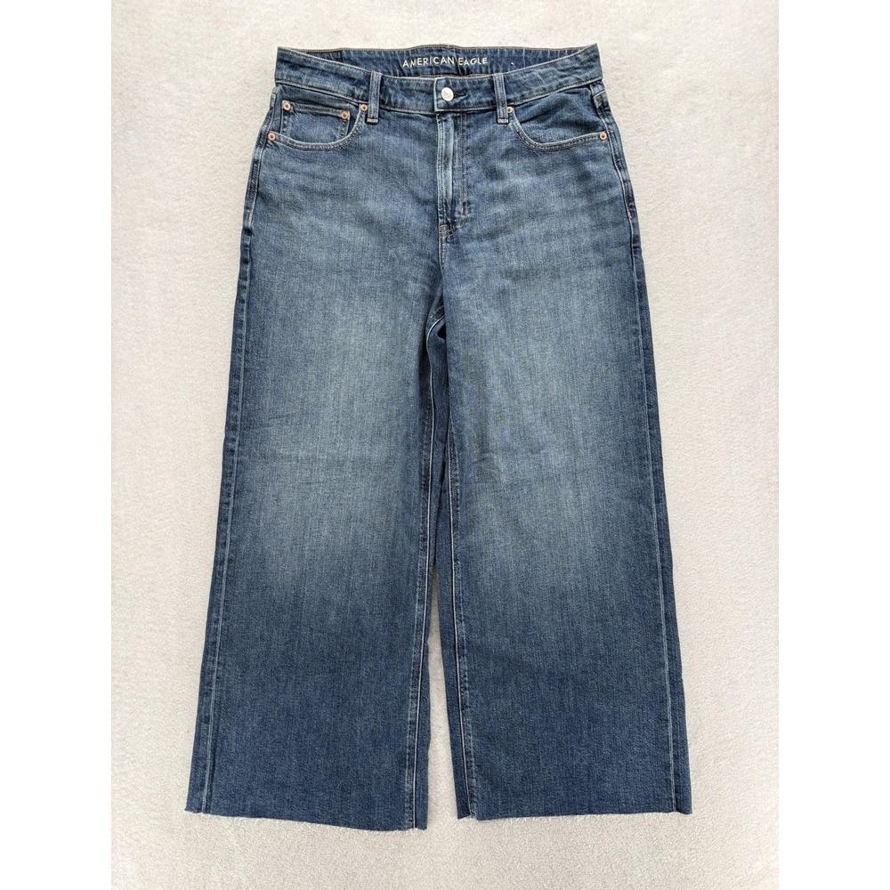 American Eagle Super High Rise Baggy Wide Leg Jeans Womens 12 Short Blue Stretch